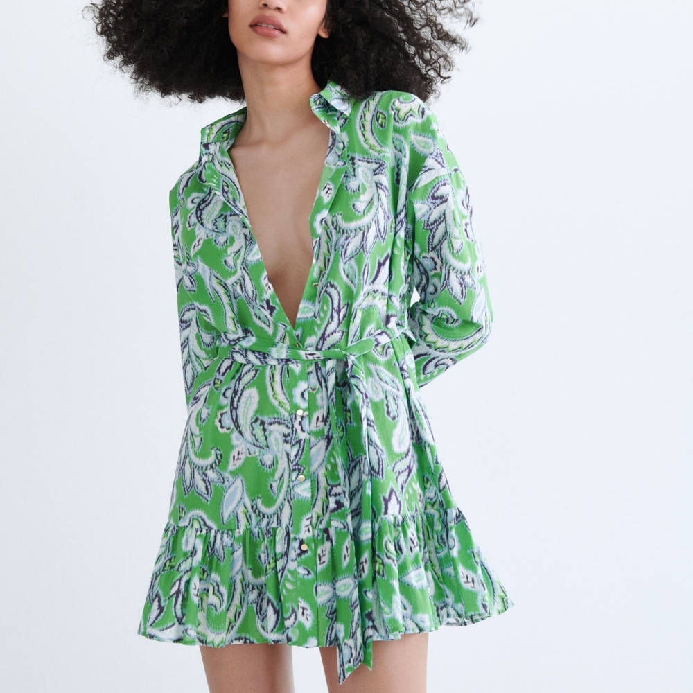 ZARA Green Paisley Print Ruffled Hem Button Down Long Sleeve Mini Shirtdress, L